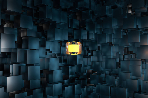 Una habitación llena de cubos oscuros, iluminada por cubos brillantes, representación 3d
 - Foto, Imagen