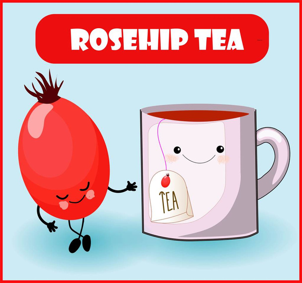 rosehip tea. Cup character, a funny berry with a face, eyes and a smile. Healthy food. Vitamins and minerals autumn. - Vector, Imagen