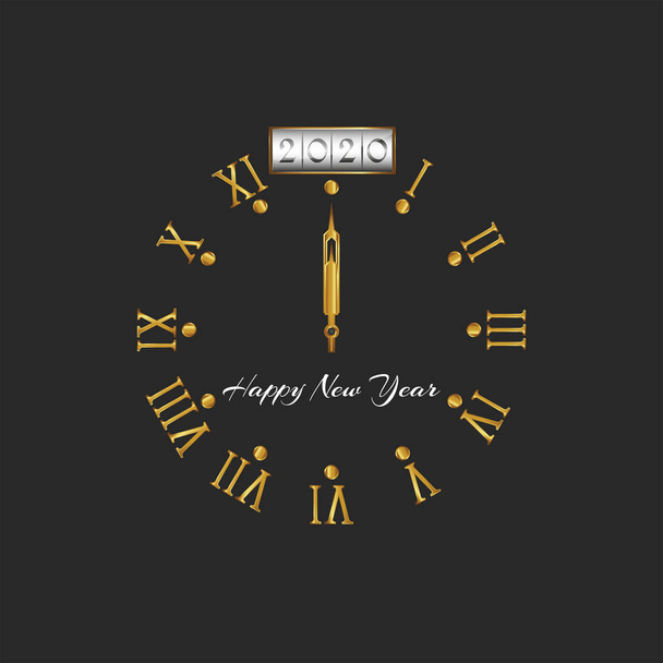 2020 Feliz Año Nuevo logotipo de oro de línea de reloj de estilo antiguo con números romanos y flechas sobre un fondo oscuro, elemento de diseño de decoración para el calendario, tarjeta de felicitación, cartel o emblema del volante
 - Vector, imagen