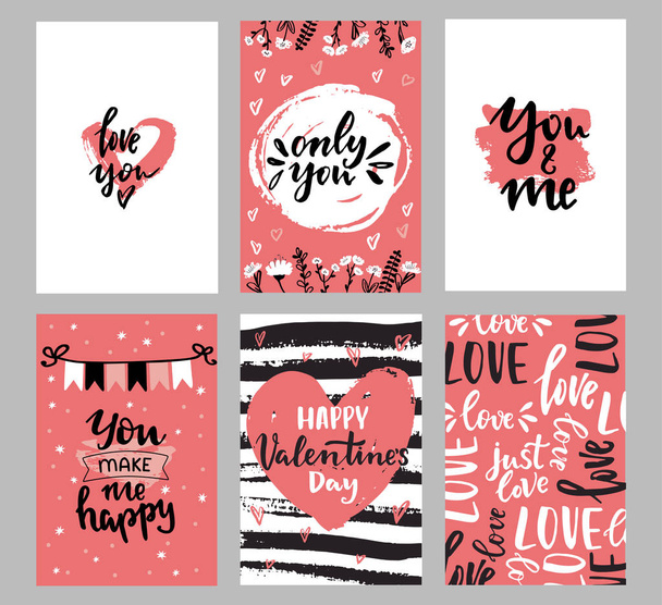Set of Valentines day greeting cards with hand written greeting words and floral wreaths and branches and brush strokes on background - Vettoriali, immagini