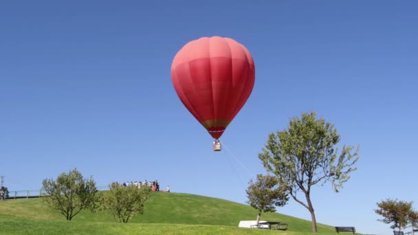 Červený horkovzdušný balón plovoucí v parku slunečný den - Záběry, video