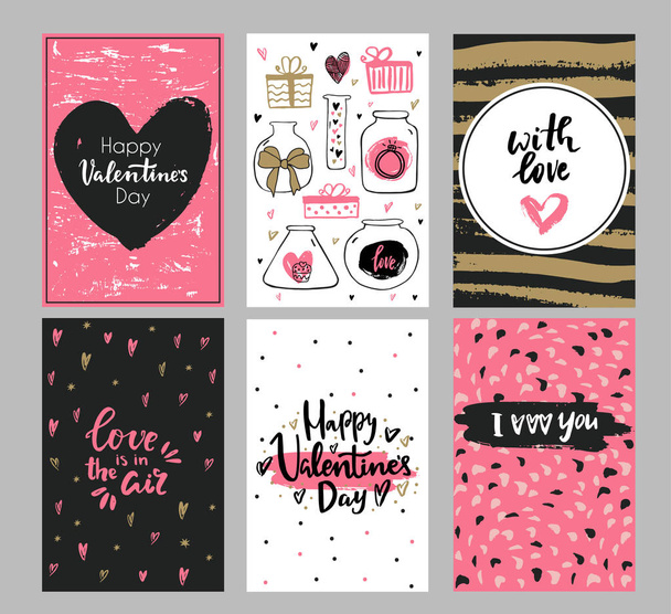 Set of Valentines day greeting cards with hand written greeting lettering and decorative textured brush strokes on background. Happy Valentines day, Love you words.Gold, black, pink, white colors - Vektor, obrázek