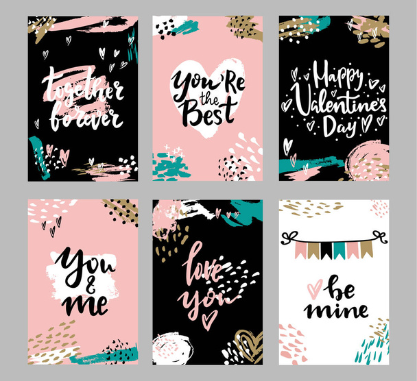 Set of Valentines day greeting cards with hand written greeting words and modern brush strokes and painted splashes decoration on background - Vettoriali, immagini