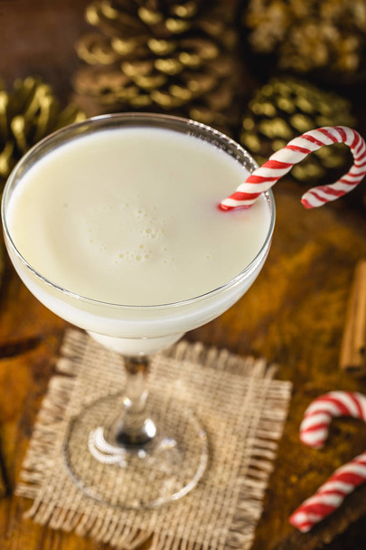 Christmas eggnog and typical winter drink for holiday festivities. Decorated with sugar cane, red and white. Space for text. - Fotografie, Obrázek