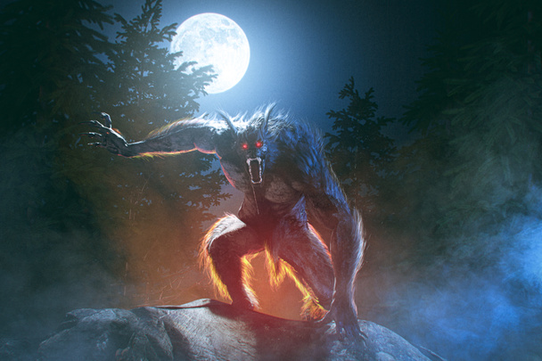 Děsivý vlkodlak v zamlžené měsíční noci v lese - 3d vykreslování - Fotografie, Obrázek