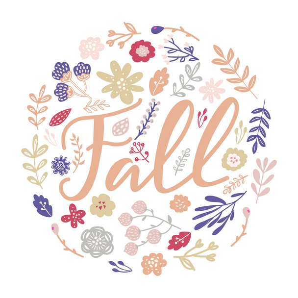 Simple flower wreath background illustration for wedding invitations and greeting card design and Fall words hand drawn typography - Vector, imagen