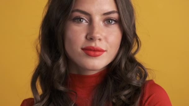 Portrait of gorgeous brunette girl charmingly winking out and flirting on camera over yellow background - Záběry, video