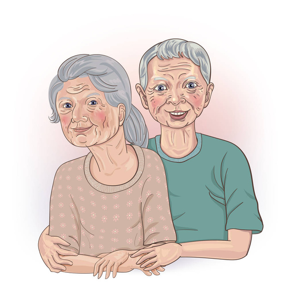 Starší pár s jeho paží kolem ruky jeho ženy sedí spolu na bílém pozadí. Užívají si důchod. vektorová ilustrace. - Vektor, obrázek