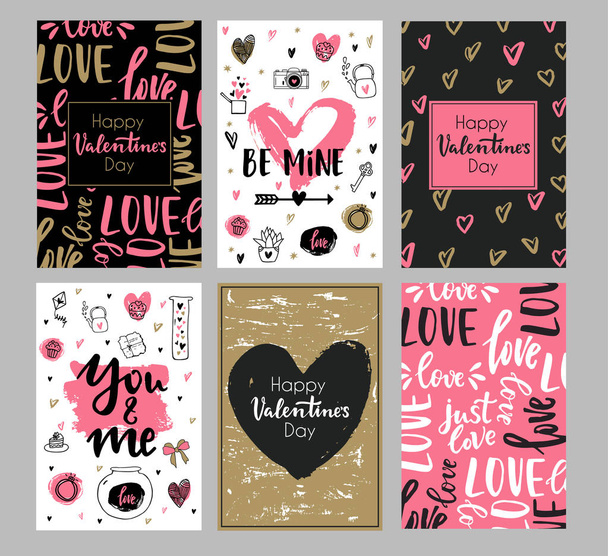 Set of Valentines day greeting cards with hand written greeting lettering and decorative textured brush strokes on background. Happy Valentines day, Love you word.Gold, black, pink, white colors - Vettoriali, immagini