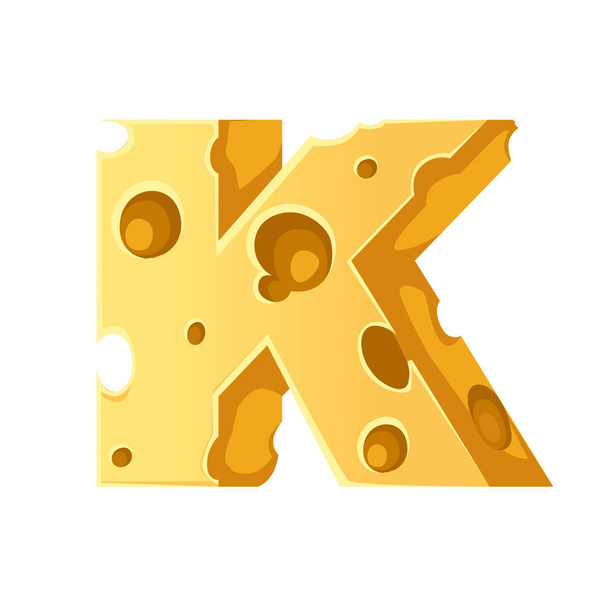 Peynir harfi K biçimli çizgi film gıda tasarımı düz vektör çizimi beyaz arkaplan üzerinde izole - Vektör, Görsel