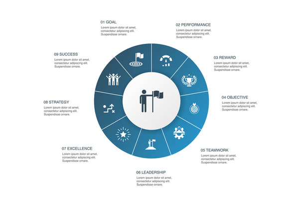 saavutus Infografinen 10 askelta ympyrä design.goal, johtajuus, tavoite, tiimityö kuvakkeet
 - Vektori, kuva