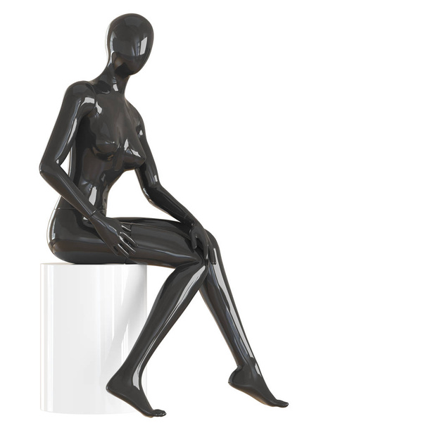 eine schwarze weibliche Schaufensterpuppe sitzt auf einem weißen Kasten auf einem isolierten weißen Hintergrund. 3D-Darstellung - Foto, Bild