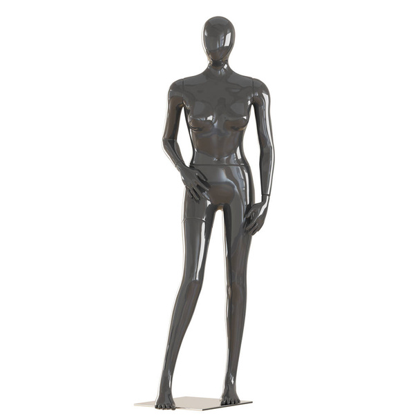 Un maniquí femenino negro se levanta sobre un soporte de hierro sobre un fondo blanco aislado. Renderizado 3D
 - Foto, imagen