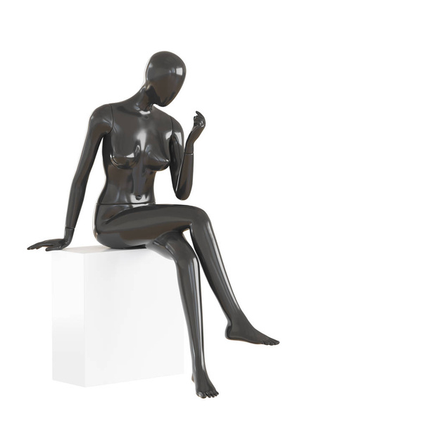 eine gesichtslose weibliche Schaufensterpuppe sitzt auf einem weißen Würfel auf einem isolierten weißen Hintergrund. 3D-Darstellung - Foto, Bild