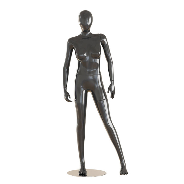 eine gesichtslose weibliche schwarze Schaufensterpuppe steht auf einem isolierten weißen Hintergrund. 3D-Darstellung - Foto, Bild