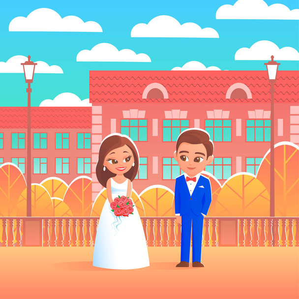 Hermosos y felices novios en un paseo de boda en la soleada ciudad otoñal. Alrededor de la casa y árboles amarillos. Dibujos animados vectoriales ilustración
. - Vector, Imagen
