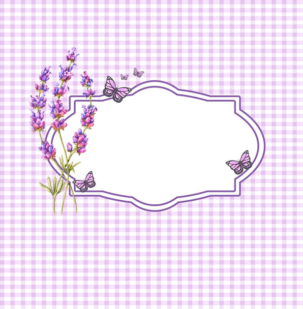 Moldura floral com um buquê de lavanda e borboletas e lugar para texto. Fundo de lavanda sem costura
 - Foto, Imagem