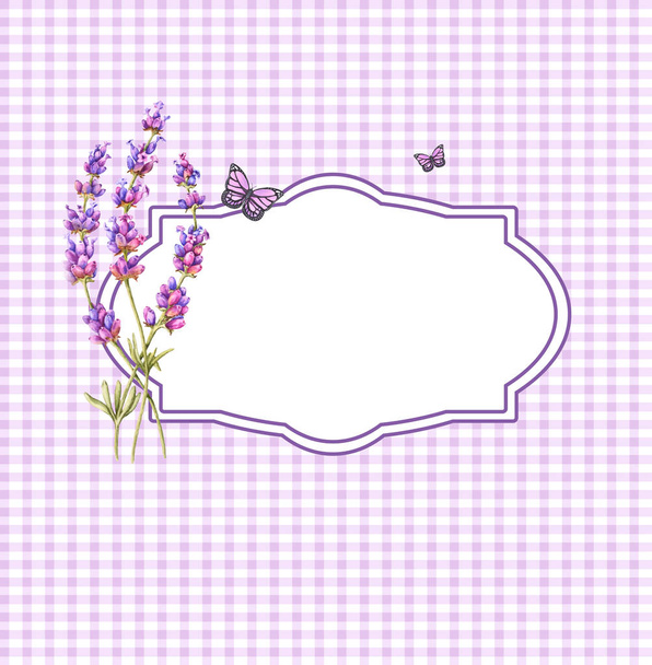 Moldura floral com um buquê de lavanda e borboletas e lugar para texto. Fundo de lavanda sem costura
 - Foto, Imagem