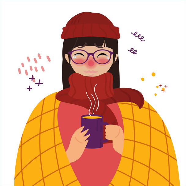 Young girl in red hat caught cold flu or virus. - Vector, Image