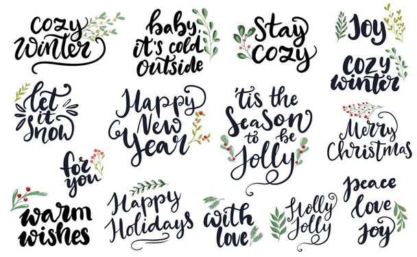 Set of hand written lettering typography phrases about Merry Christmas and Happy New year. Tis the season to be jolly, holly jolly, peace, love, joy words for cards, posters, banners,cozy winter - Vecteur, image