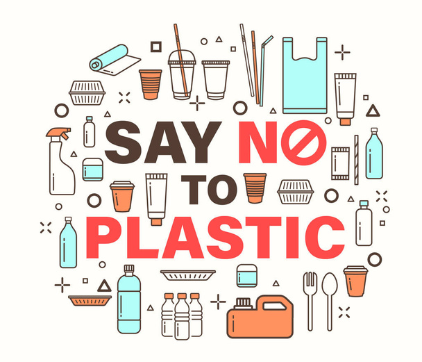 Say no to plastic illustration. Environmental problem concept. plastic package line icons style. - Вектор,изображение