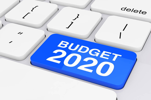 Blue Budget 2020 Key на білій клавіатурі ПК. 3D рендерингу
 - Фото, зображення