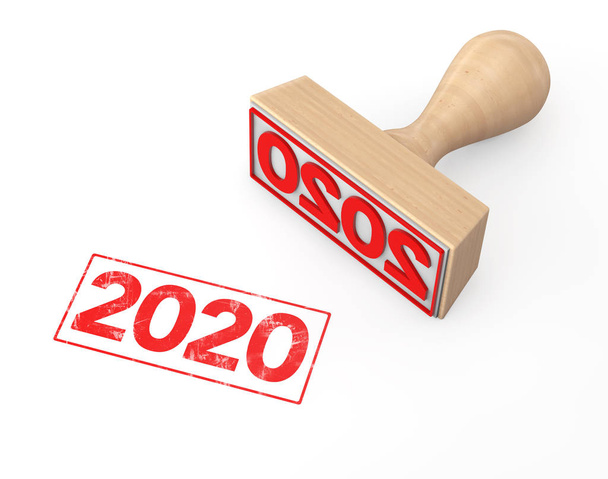 Деревянная каучуковая марка с новогодним знаком 2020 года. 3D-рендеринг
 - Фото, изображение
