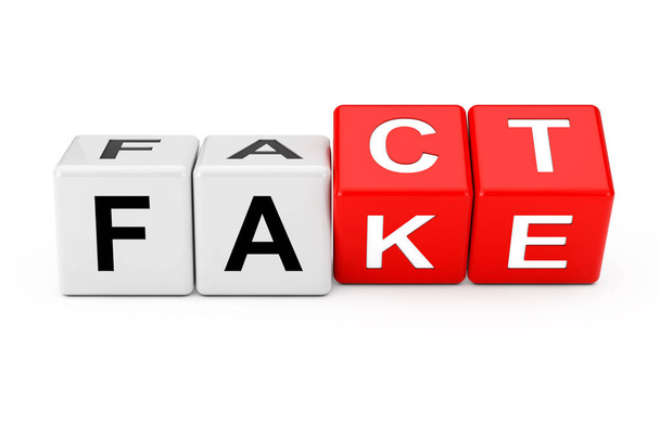 Würfelblöcke mit dem Übergang vom Fake zum Tatsachenwort. 3d rende - Foto, Bild