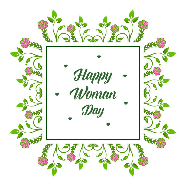Yazarak mutlu kadın gün, tasarım yeşil yapraklı çiçek çerçeve ile. Vektör - Vektör, Görsel