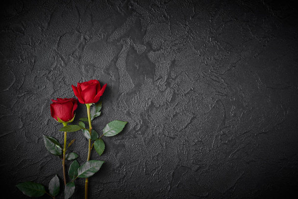 Two red roses on a dark, black textured background. Space for text. - Foto, Imagen