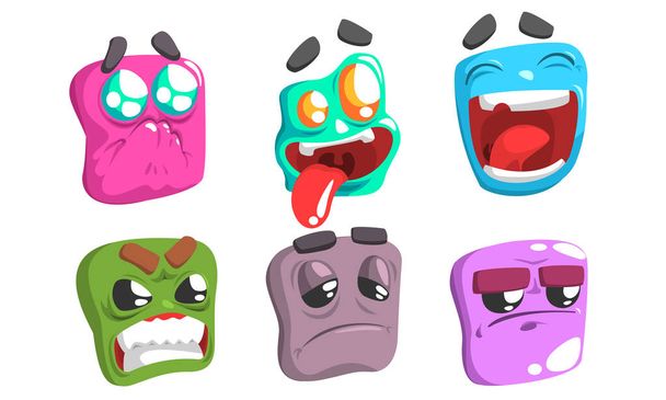 Vtipné barevné příšery Emojis Set, Sliz Cartoon znaky s různými emocemi - Vektor, obrázek