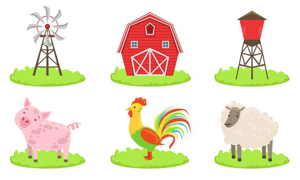 Different Farm Elements Set, Farm Animals, Wind Turbine, Barn, Silo Tower Vector Illustration - ベクター画像