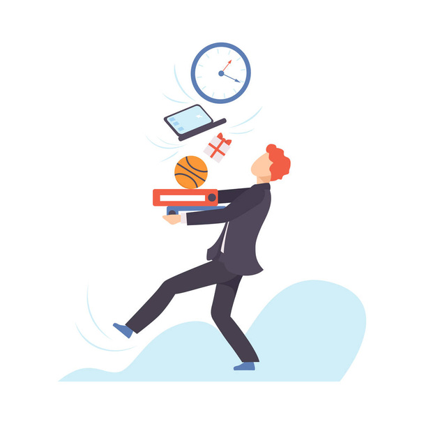 Man in a suit carries a large stack of different objects. Vector illustration. - ベクター画像