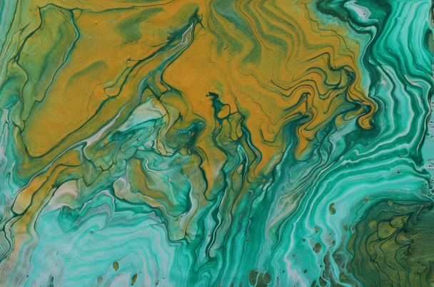 art photography of abstract marbleized effect background. emerald green, turquoise and gold creative colors. Beautiful paint. - Photo, Image