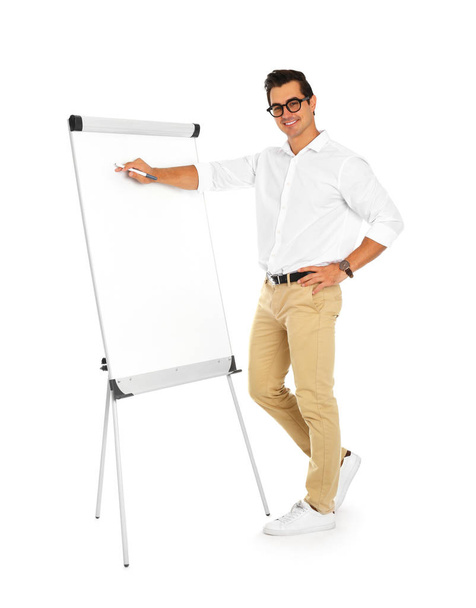 Professional business trainer near flip chart on white background - Zdjęcie, obraz