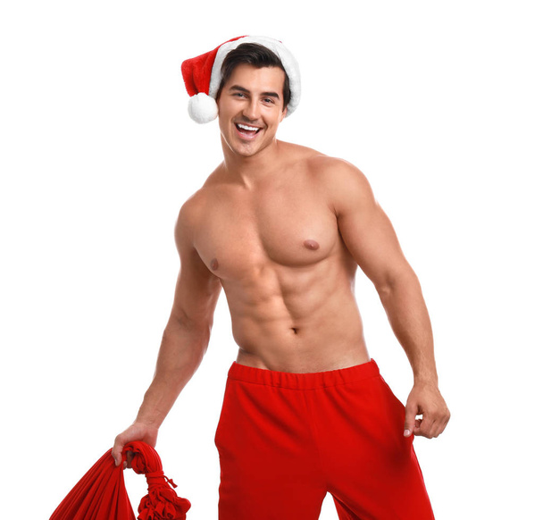 Sexy shirtless Santa Claus on white background - Zdjęcie, obraz