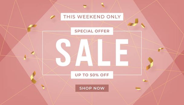 Fashion sale banner design background with gold ribbon promo offer text. Abstract banner template design on pink background. - Vector, Image