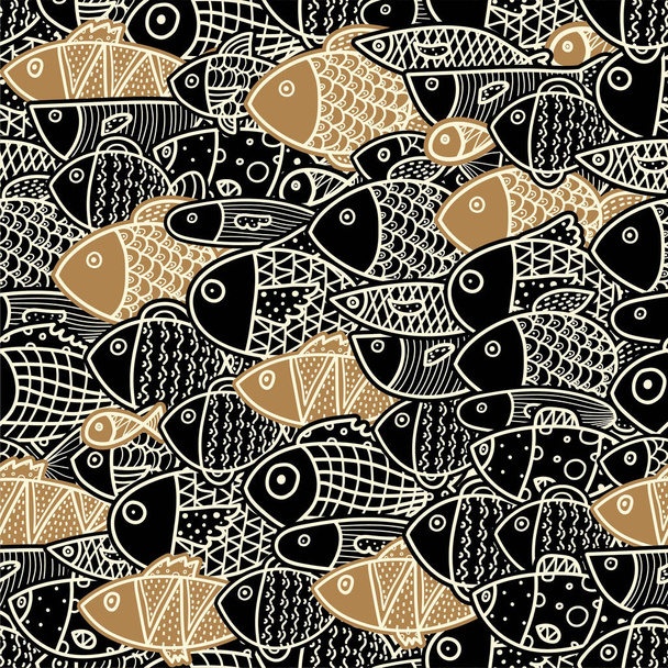 かわいい魚とシームレスなパターン。海の背景。シームレスなパターンは、壁紙、パターン塗りつぶし、ウェブページの背景、表面のテクスチャに使用することができます. - ベクター画像