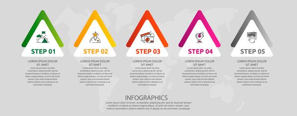 Vector infographic template with triangles and five arrows. Business geometric concept with 5 options, parts, steps. Used as timeline, workflow, presentation, diagram, flyers, banner, chart - Vector, Image