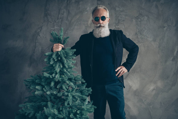 Portrait of gorgeous harsh masculine man in eyewear eyeglasses holding fir tree wearing black trousers pants isolated over grey background - Foto, Imagen