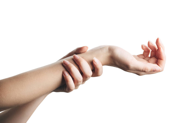 Hermosas manos de las mujeres aplicando crema, masaje aislado
 - Foto, imagen