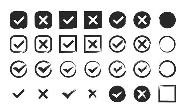 Hand drawn black check mark and black cross icon set. Circle and square. Tick symbol in green color, vector illustration. - ベクター画像