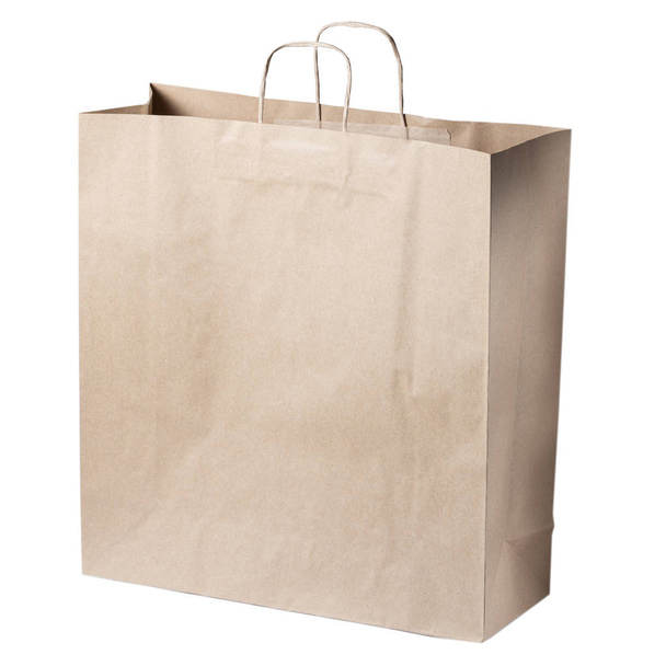 Mock-up de saco de compras de papel kraft em branco reciclado para almoço ou comida ou compras com alças em fundo isolado branco
 - Foto, Imagem