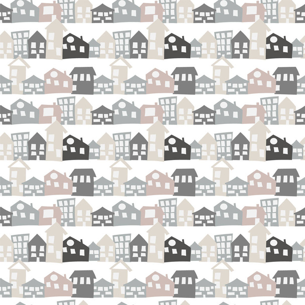 Scandinavian seamless pattern with hand drawn doodle houses. Cute children vector doodle. background for boys room, holiday textile, web design - Vector, Image