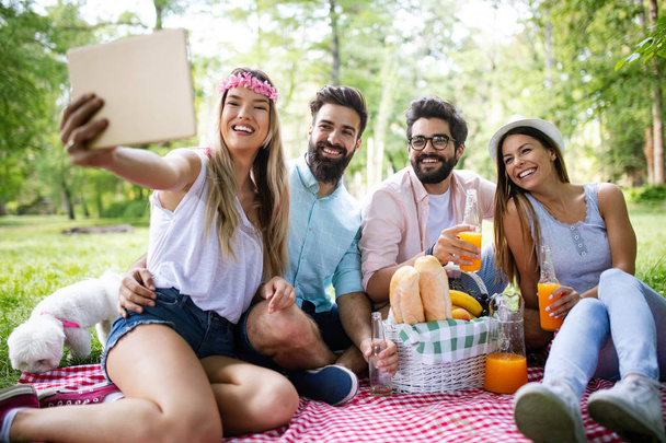 Happy group of friends in the park having picnic on a sunny day. - Foto, Bild