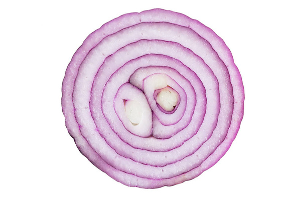 Slices Isolated onion. One red whole onion isolated on white background with clipping path and copy space. Red Onion slices bulbs isolated on white. - Foto, Bild