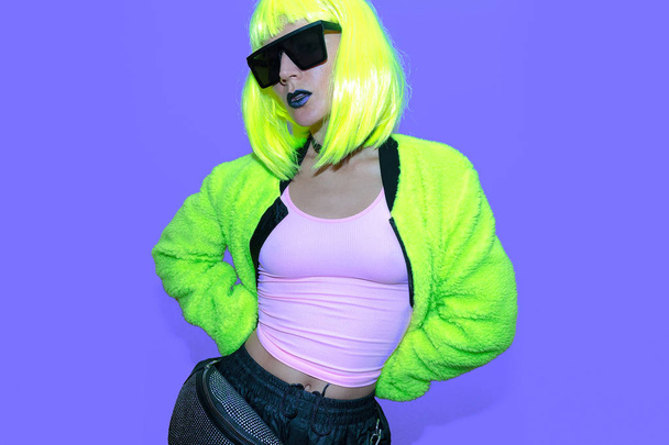 Fashion hipster Lady. Clubbing style. Street swag outfit. Neon a - Fotoğraf, Görsel