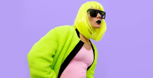 Fashion hipster Model. Clubbing style. Street swag outfit. Neon  - Fotoğraf, Görsel