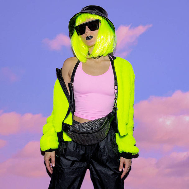 Fashion hipster Model. Clubbing style. Street swag outfit. Neon  - Foto, Imagem