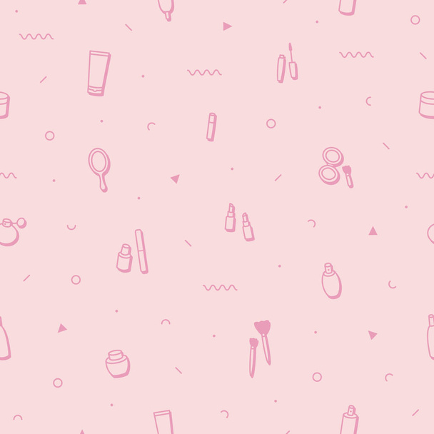 Makeup beauty care seamless pattern in memphis style. Fashion background in 90s 80s. Beauty products lipstick, mascara, perfume, eyeshadows. Cosmetics illustrations in minimal design. - ベクター画像